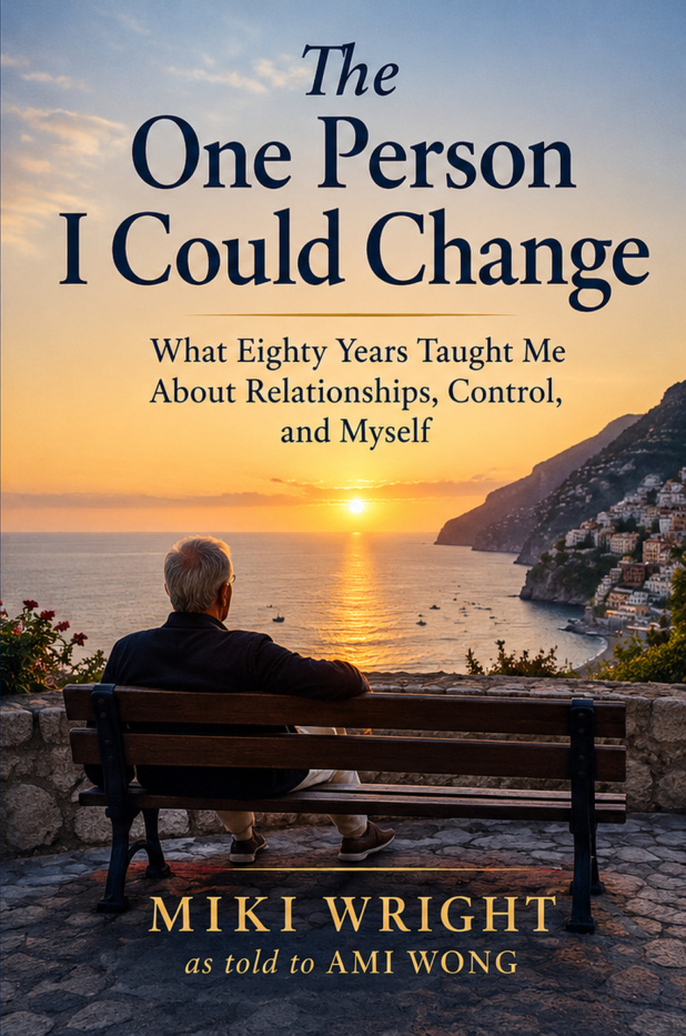 Book cover of The One Person I Could Change, showing a man looking over the Italian coast at sunset